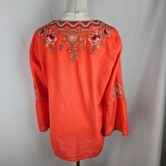 Johnny Was Alise Blouse Medium Flare Sleeve Coral Embroidered Boho Peasant Artsy - Picture 7 of 12